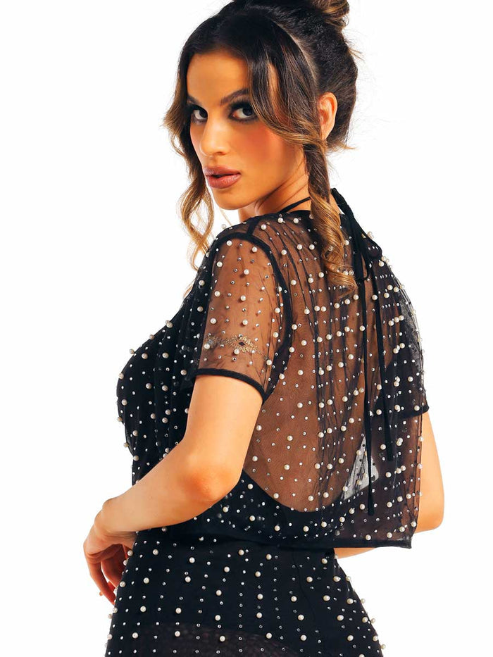 Pearl Rhinestone Black Translucent Dress and Shawl Set