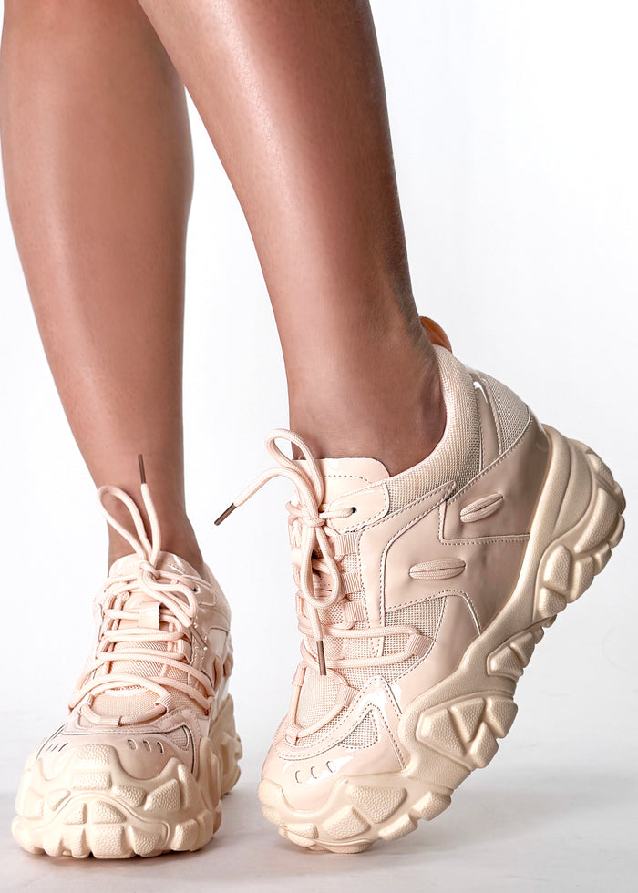 On-foot styling front view of Anthony Wang PERSIMMON 01 Neutral Vibes Nude platform sneakers showcasing the low-top fit and thick monochromatic nude performance laces