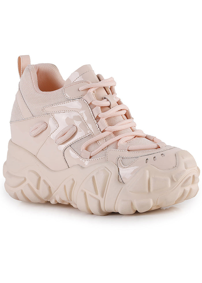 Clean profile studio shot of Anthony Wang PERSIMMON 01 Neutral Vibes Nude platform sneakers emphasizing the sleek structural lines of the 4-inch built-in platform wedge heel layout