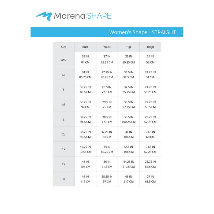 Marena Shape Women's Straight size chart, bust waist hip thigh point of measure