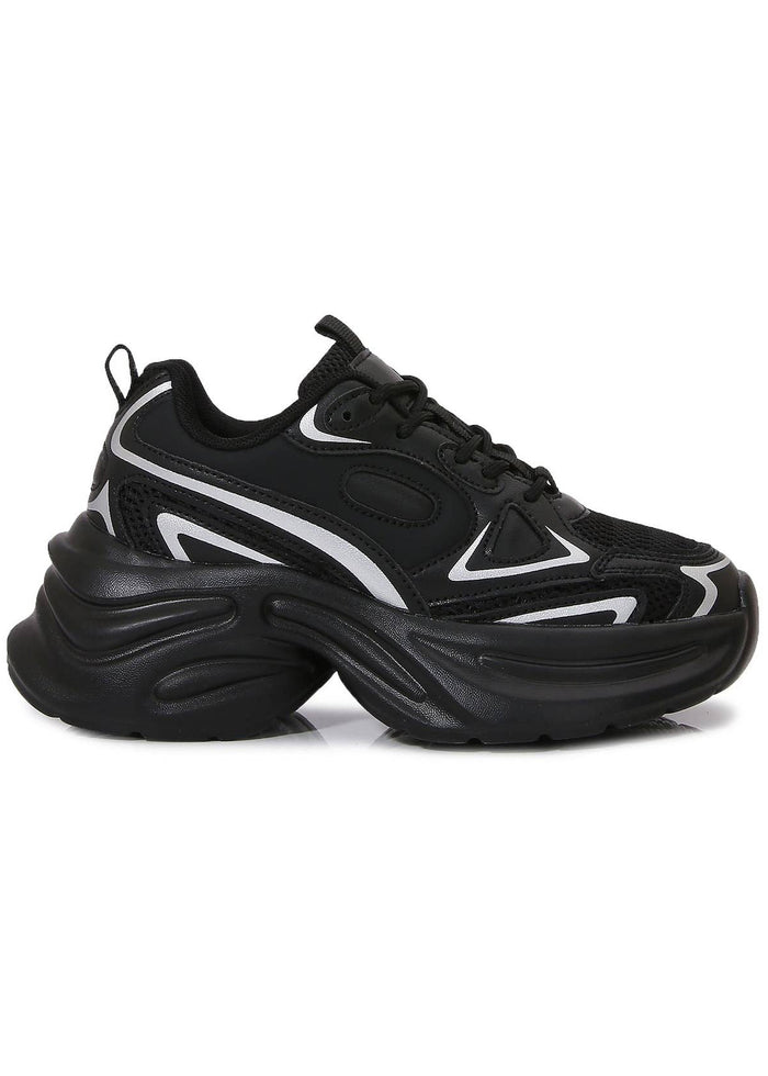 Berness Petra Tektronic Black Platform Sneakers in black with metallic silver strip detailing on chunky platform sneaker — side view