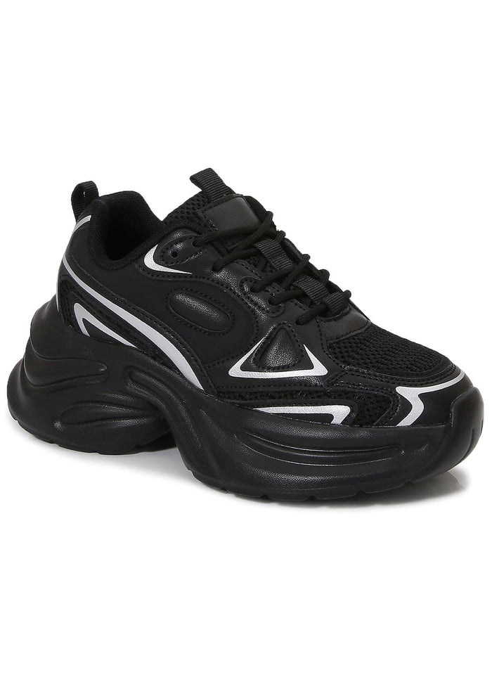 Berness Petra Tektronic Black Platform Sneakers in black with metallic silver strip detailing on chunky platform sneaker — 3/4 front view