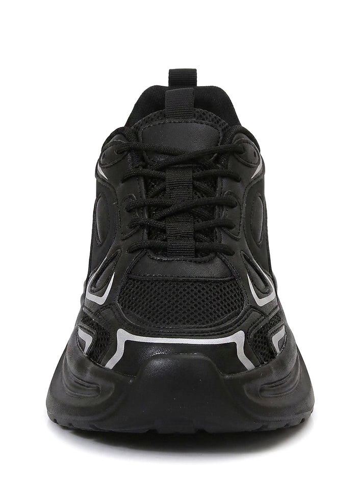 Berness Petra Tektronic Black Platform Sneakers in black with metallic silver strip detailing on chunky platform sneaker — front view