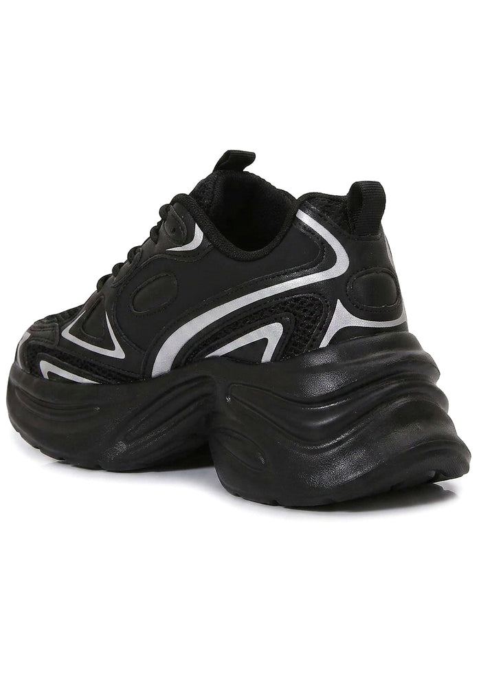 Berness Petra Tektronic Black Platform Sneakers in black with metallic silver strip detailing on chunky platform sneaker — back view