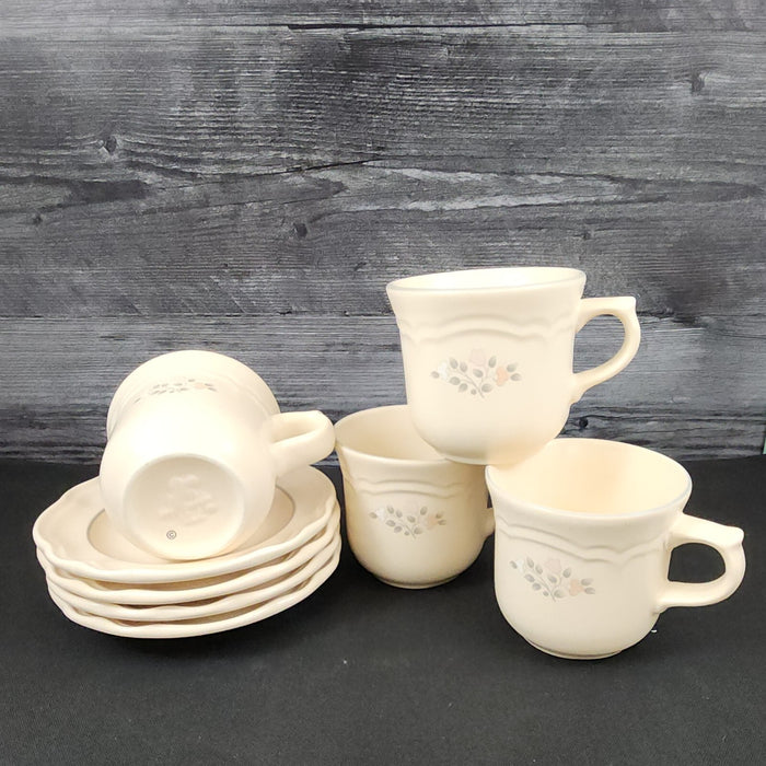 Pfaltzgraff Remembrance 4 Tea Cup Saucer Pink Peach White Flowers Stoneware Mug