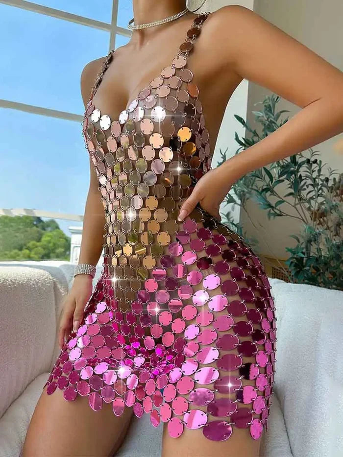 Pink Chainmail Dress - Pink Sparkle Mini Dress - Disco Gradient Sequin Dress