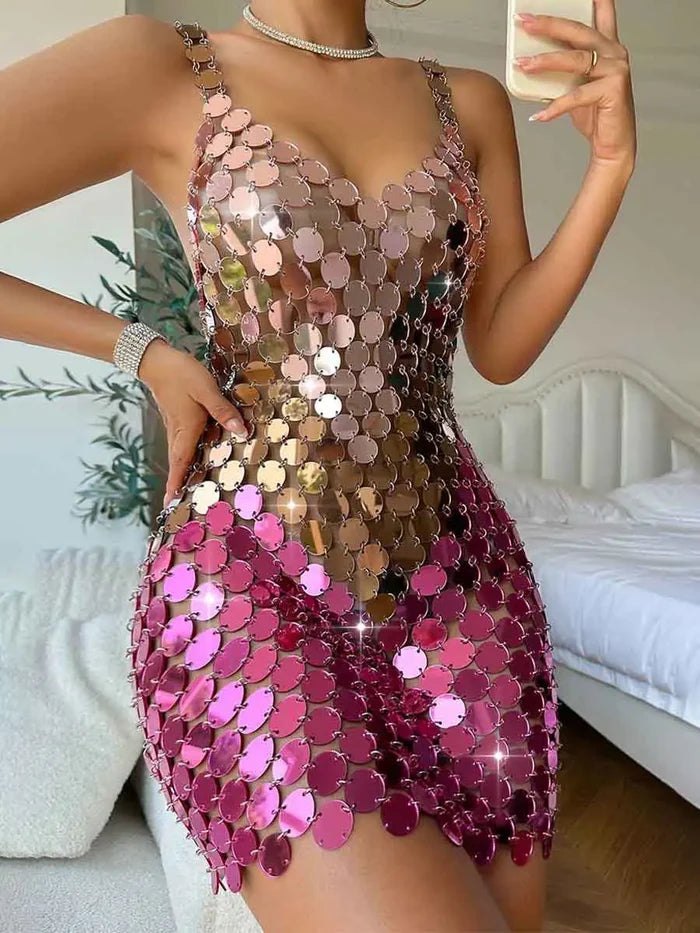Pink Chainmail Dress - Pink Sparkle Mini Dress - Disco Gradient Sequin Dress
