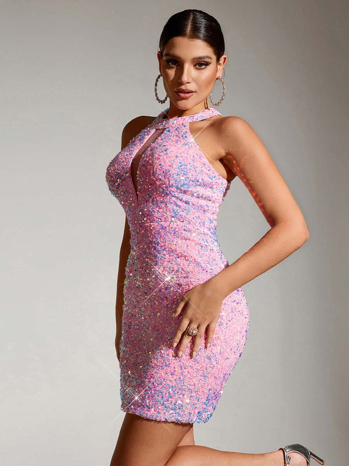 Pink Sequin Round Neck Sleeveless Bodycon Mini Dress