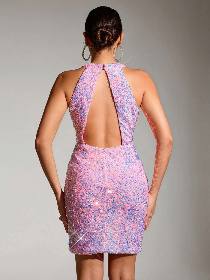 Pink Sequin Round Neck Sleeveless Bodycon Mini Dress