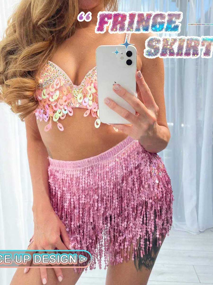 Pink Sequin Tassel A-Line Skirt