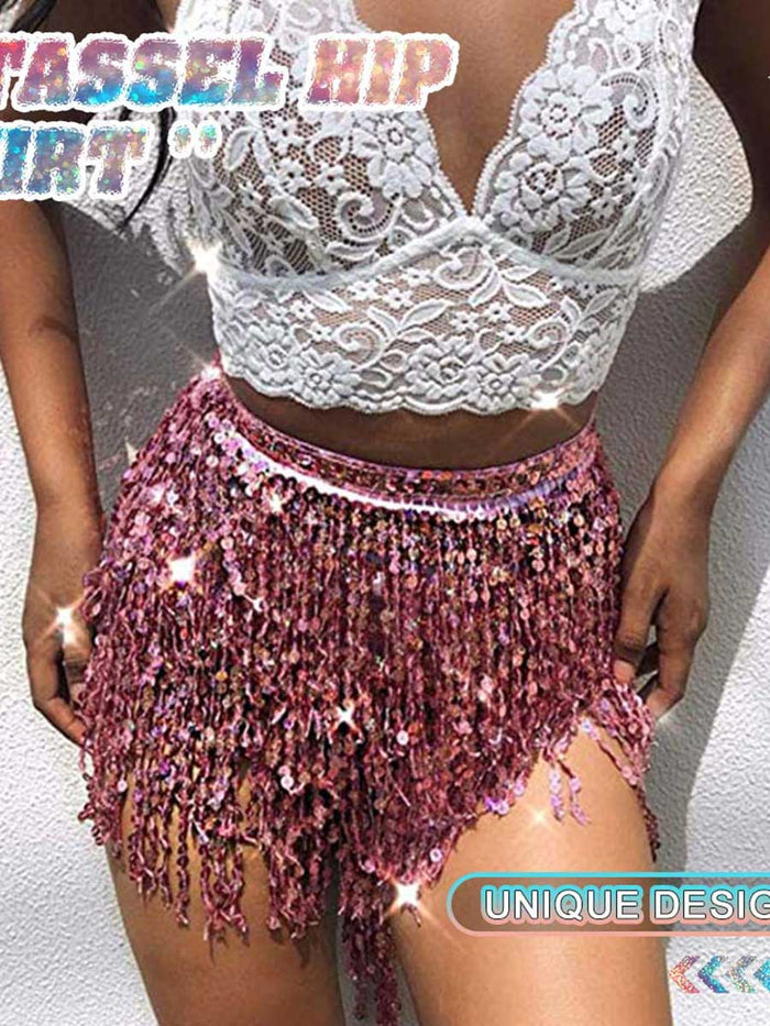 Pink Sequin Tassel A-Line Skirt
