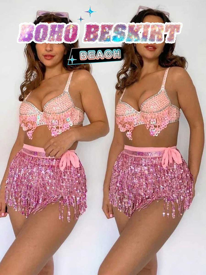 Pink Sequin Tassel A-Line Skirt