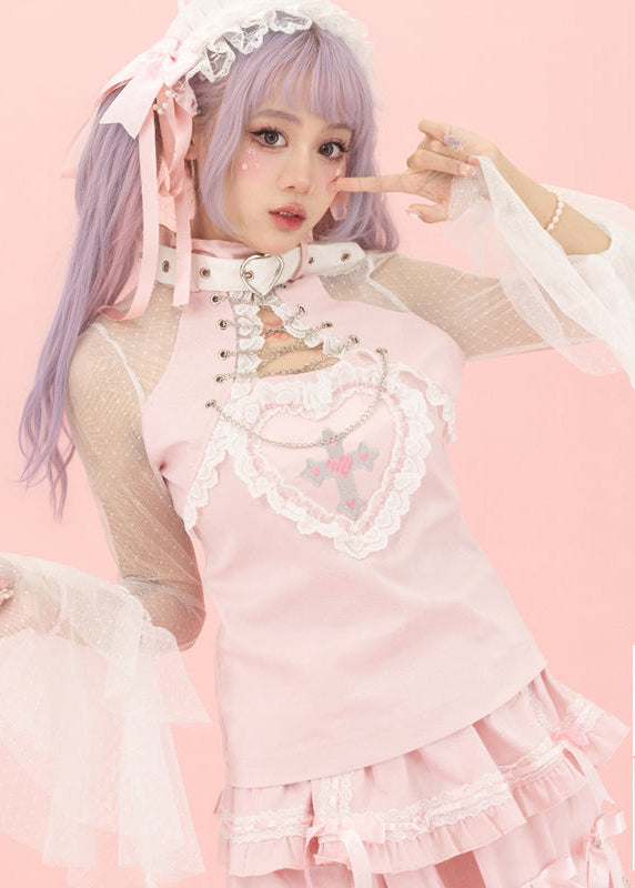 ACDC Rag Pinktaho Kiss Kill Lolita Pink Long Sleeve Top — model view