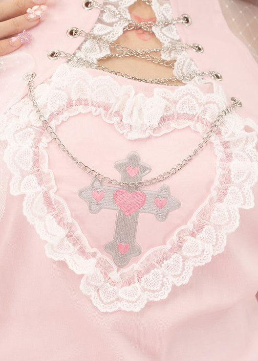 ACDC Rag Pinktaho Kiss Kill Lolita Pink Long Sleeve Top — detail shot