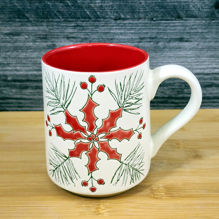 Poinsettia Coffee Mug Christmas Holiday Ceramic Tea Cup Blue Sky 18oz Embossed