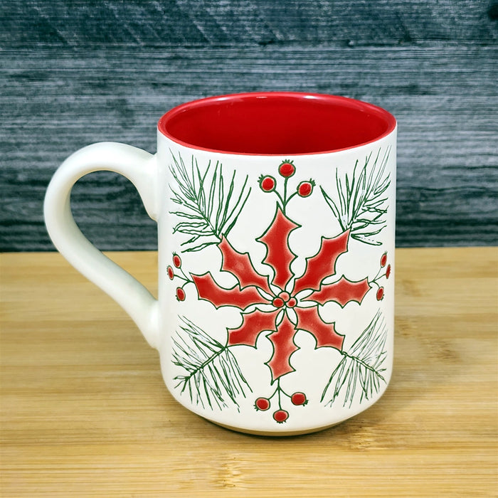 Poinsettia Coffee Mug Christmas Holiday Ceramic Tea Cup Blue Sky 18oz Embossed