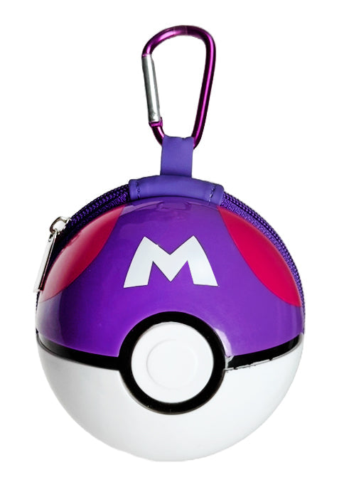 Pokemon 3D Master Ball Carabiner Zip Pouch in purple and white with carabiner clip and zipper closure — front view