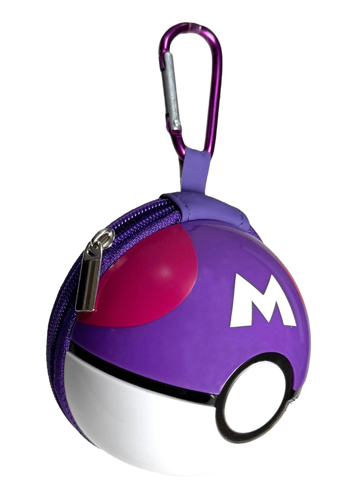 Pokemon 3D Master Ball Carabiner Zip Pouch in purple and white with carabiner clip and zipper closure — detail view