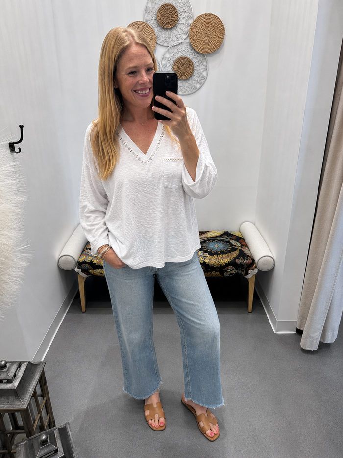 POL Contrast Hand-Stitch V-Neck Lightweight Knit Long Sleeve Top