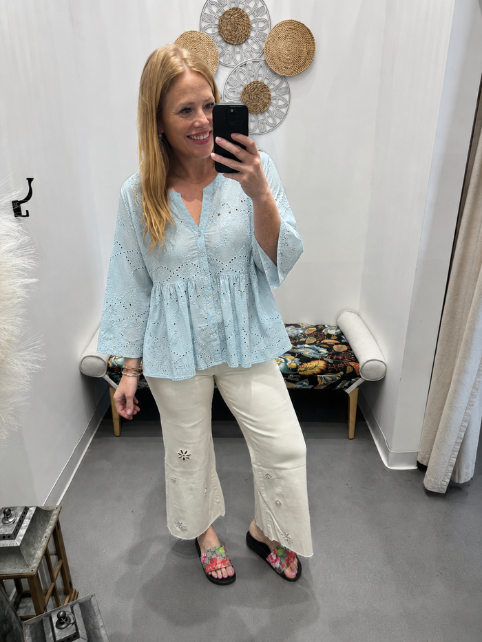 POL Eyelet Embroidery Peplum Blouse