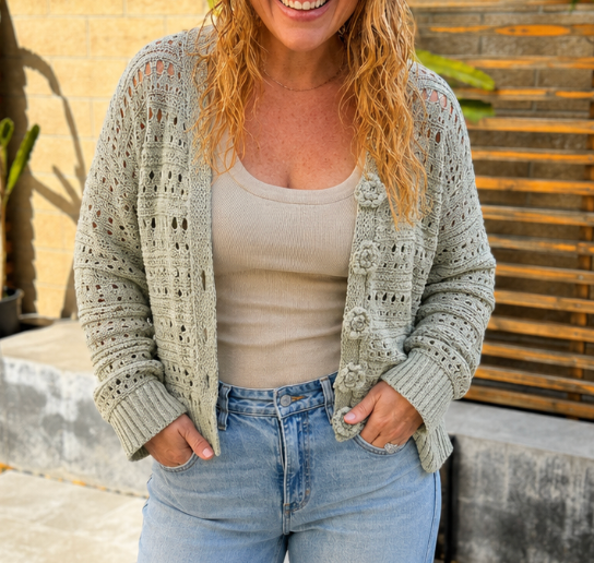 POL Open-Knit Floral Button Cardigan