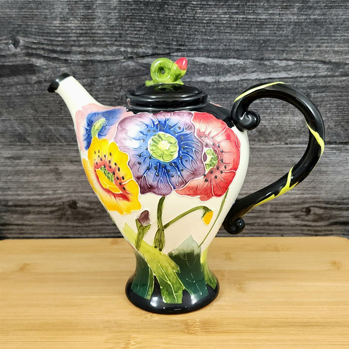 Poppy Flower Garden Teapot Ceramic Blue Sky Floral Tea Pot Embossed