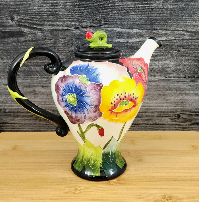Poppy Flower Garden Teapot Ceramic Blue Sky Floral Tea Pot Embossed