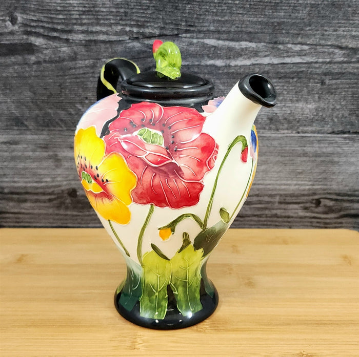 Poppy Flower Garden Teapot Ceramic Blue Sky Floral Tea Pot Embossed