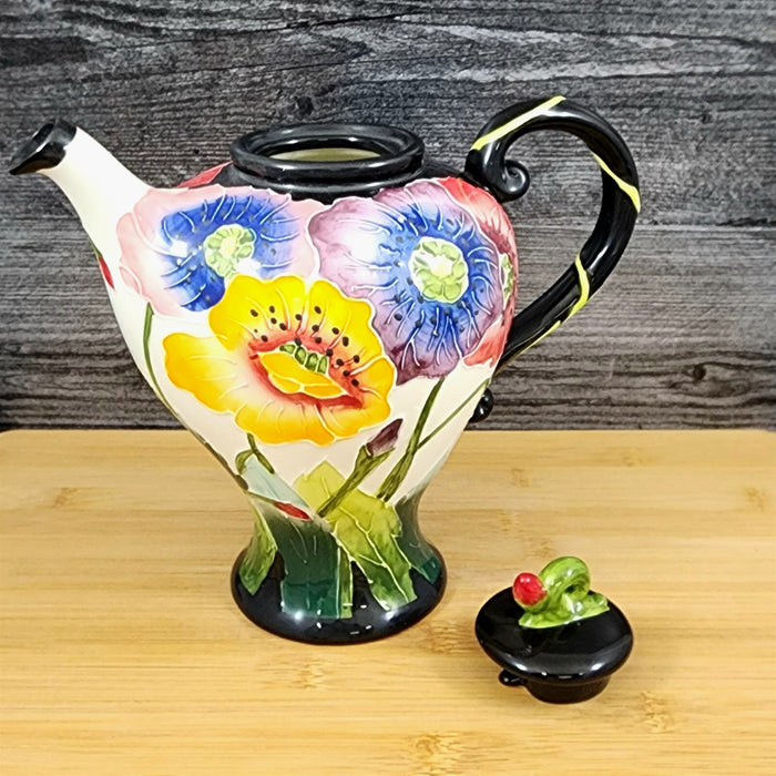 Poppy Flower Garden Teapot Ceramic Blue Sky Floral Tea Pot Embossed