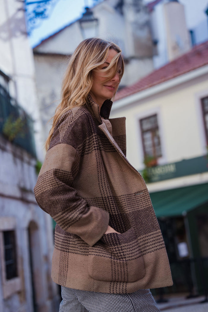 Portuguese Wool Pieper Coat in Brown and Black Plaid Made to Order