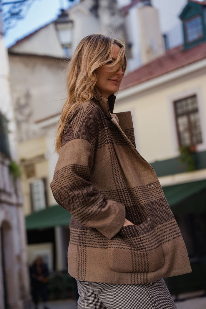 Portuguese Wool Pieper Coat in Brown and Black Plaid Made to Order