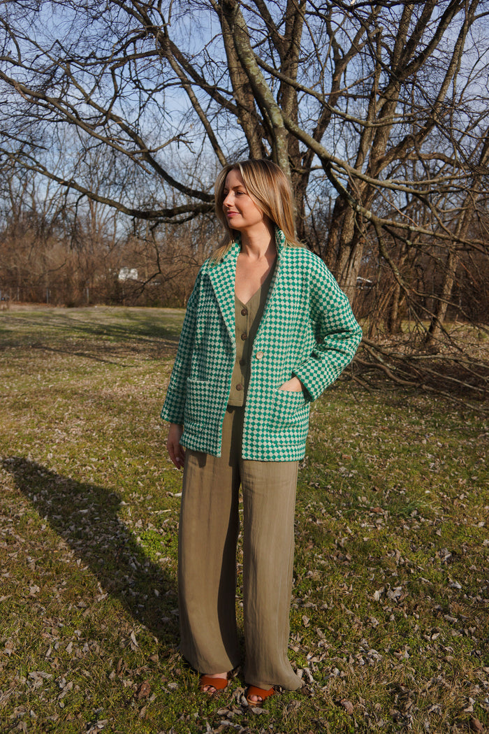 Portuguese Wool Pieper Coat in Green and Cream Check Made to Order