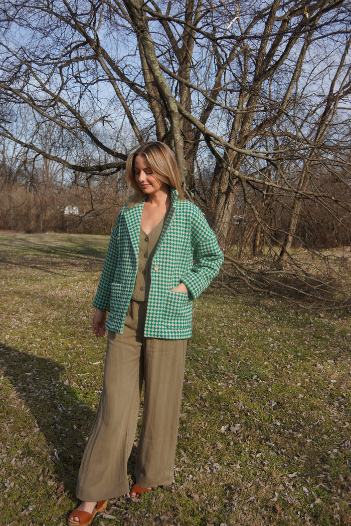 Portuguese Wool Pieper Coat in Green and Cream Check Made to Order