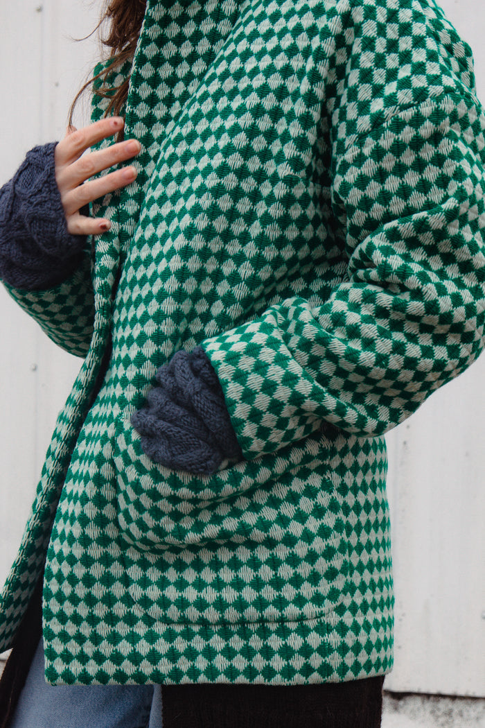 Portuguese Wool Pieper Coat in Green and Cream Check Made to Order