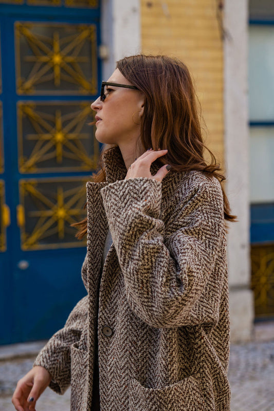 Portuguese Wool Pieper Coat in Heathered Brown and Cream Herringbone Made to Order