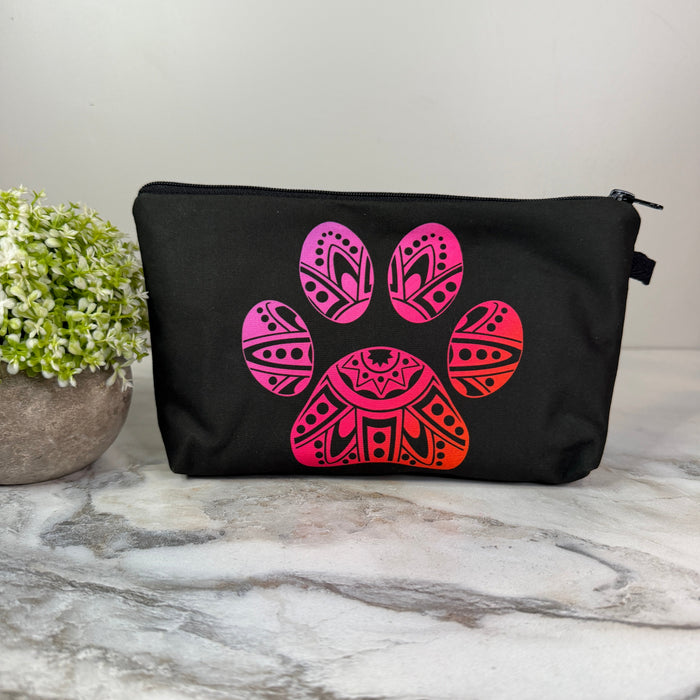 Pouch - Dog, Paw Print Mandala Black Pink