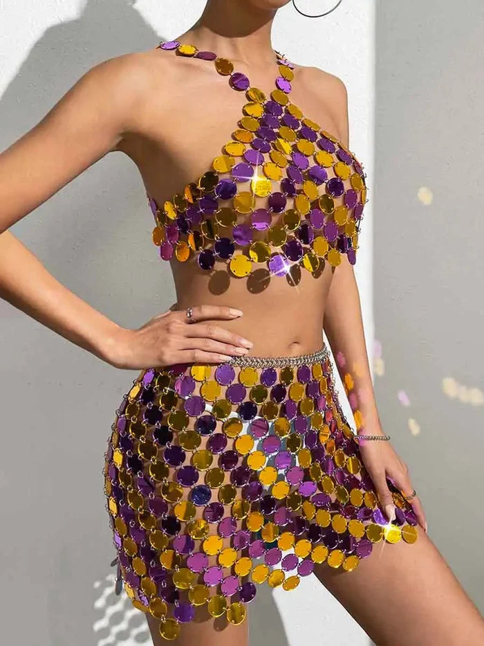 Purple And Gold Sequin Skirt Suit - Mini Skirt + Bra Top