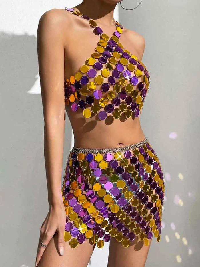 Purple And Gold Sequin Skirt Suit - Mini Skirt + Bra Top