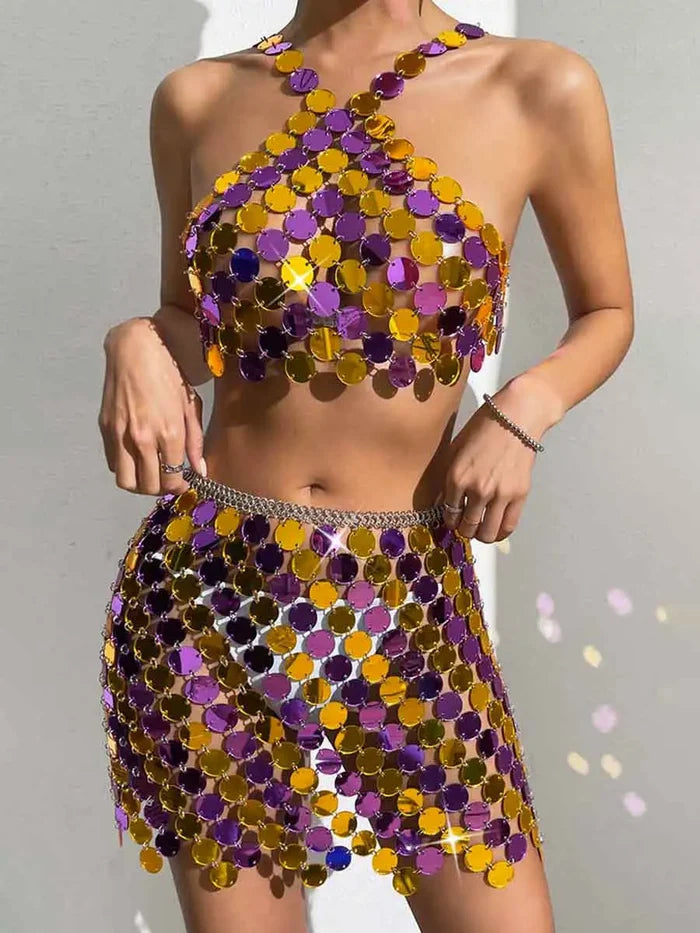 Purple And Gold Sequin Skirt Suit - Mini Skirt + Bra Top
