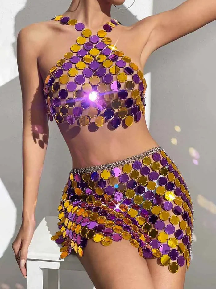 Purple And Gold Sequin Skirt Suit - Mini Skirt + Bra Top