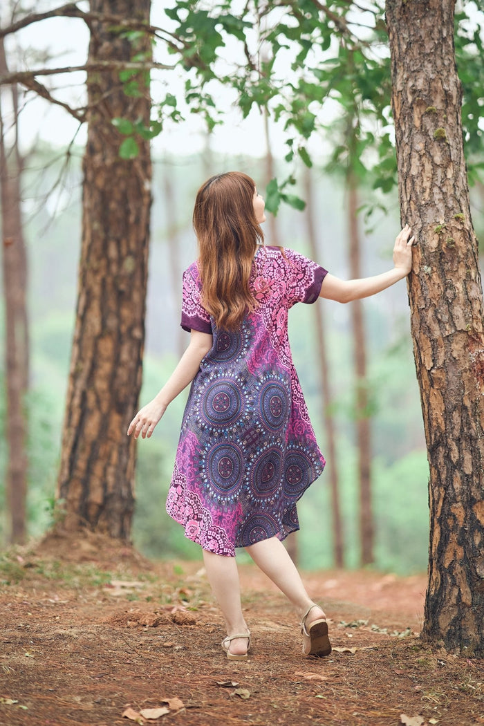 Purple Rose Circle Fabric Dress with Sleeves and Two Pockets - Lannaclothesdesign Shop