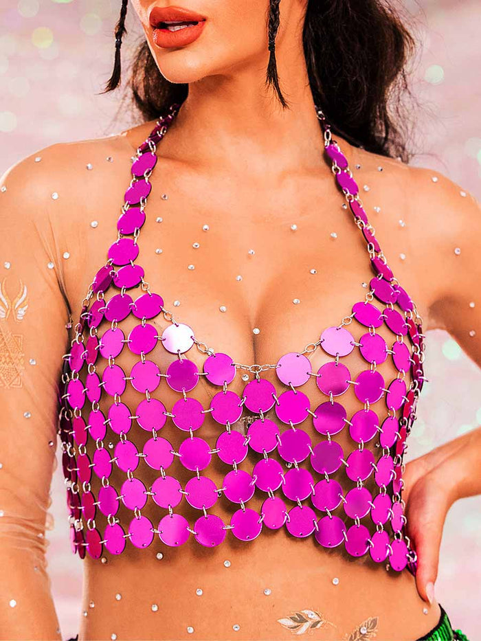 Purple Sequin Tank Top - Chainmail Halter Vest Top