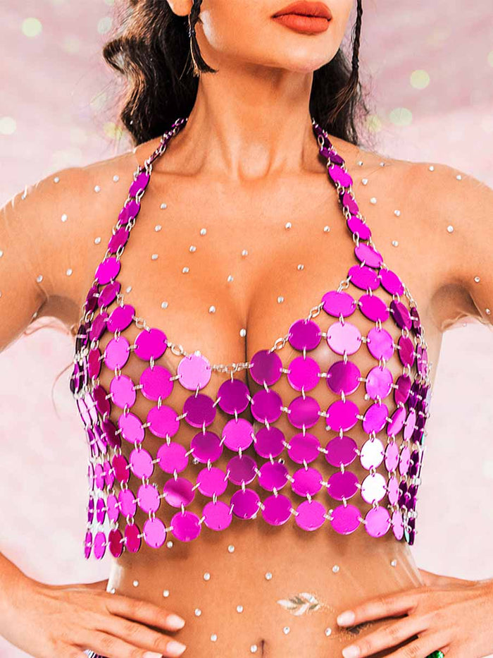 Purple Sequin Tank Top - Chainmail Halter Vest Top