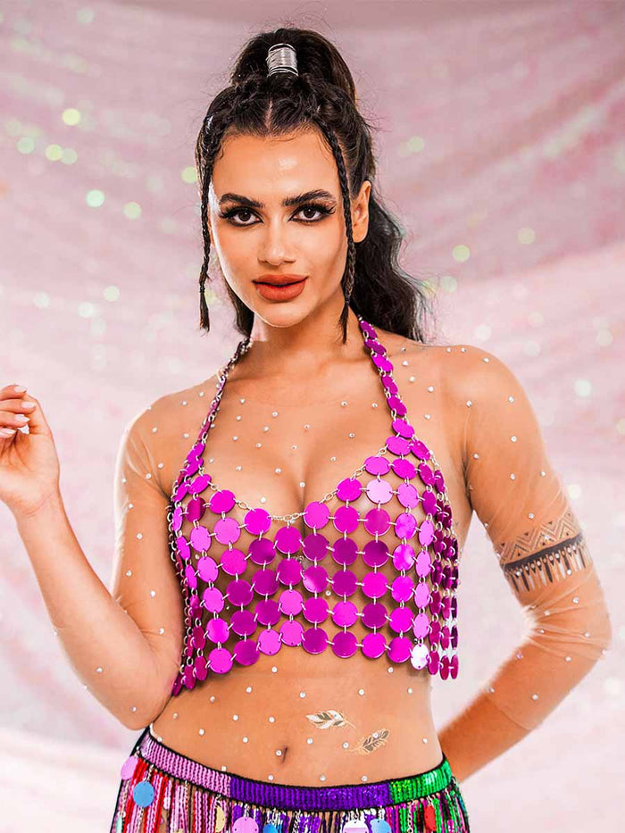 Purple Sequin Tank Top - Chainmail Halter Vest Top