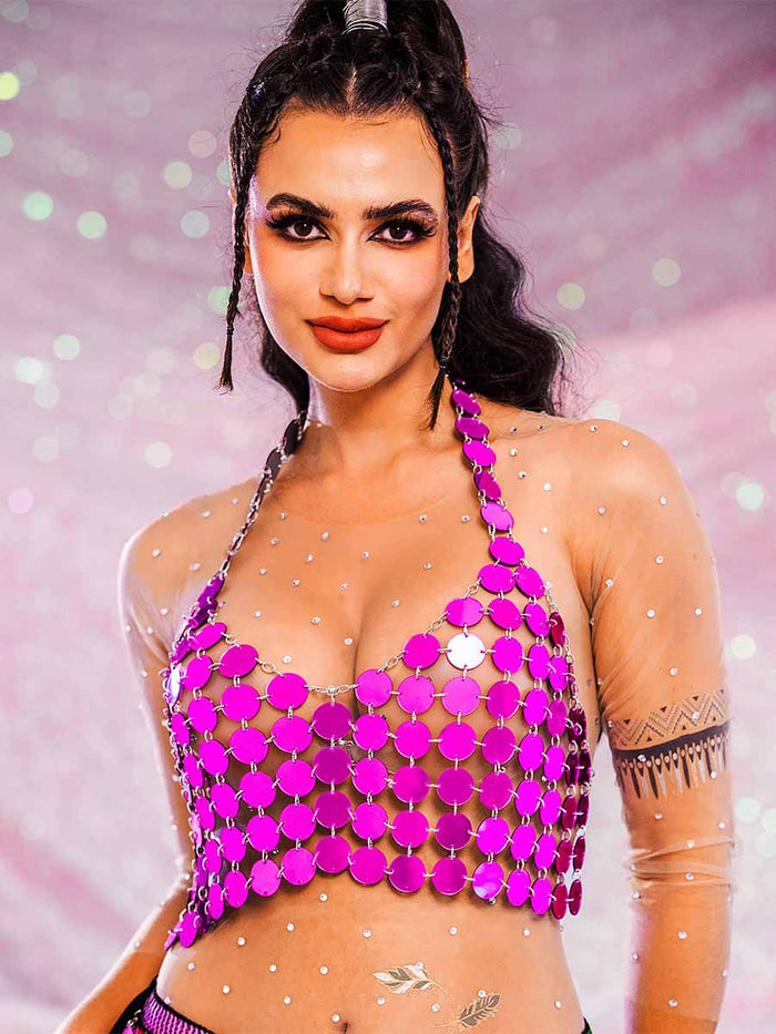 Purple Sequin Tank Top - Chainmail Halter Vest Top