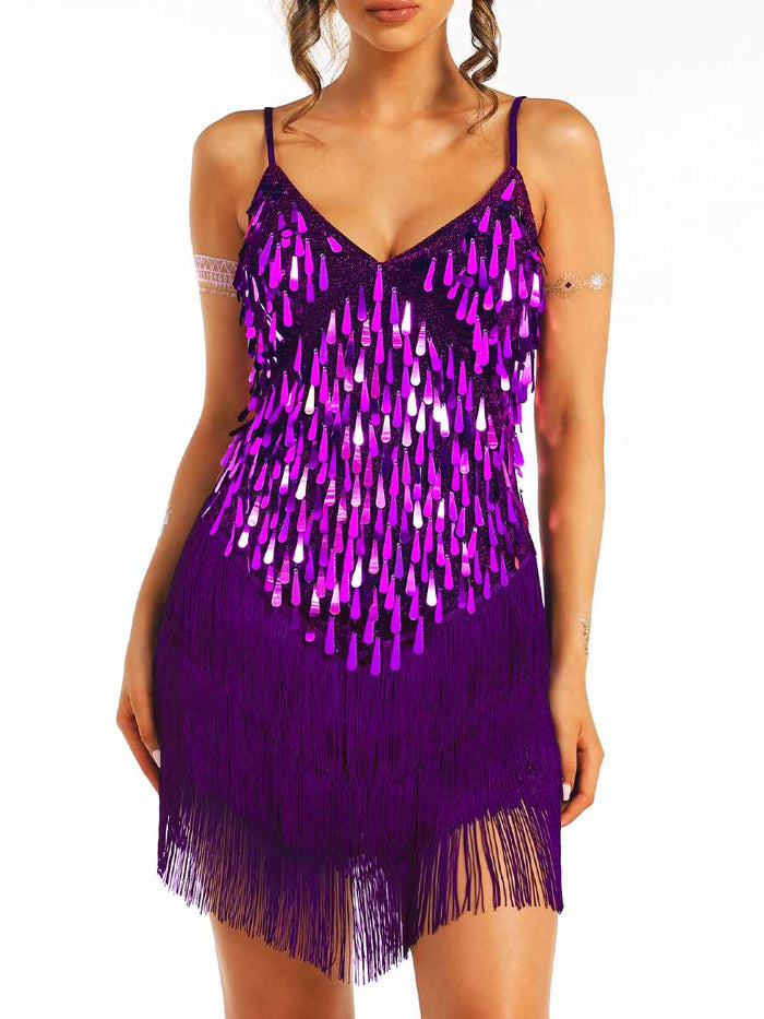 Purple Sequin Tassel Spaghetti Strap Dress