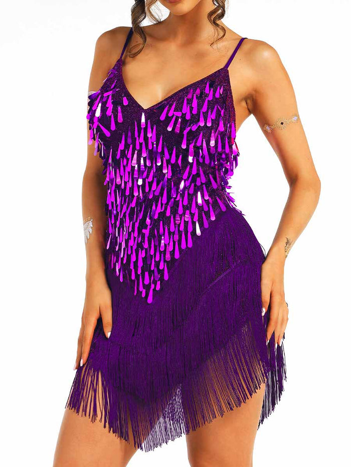 Purple Sequin Tassel Spaghetti Strap Dress