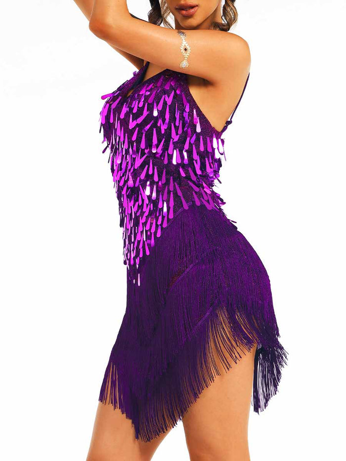 Purple Sequin Tassel Spaghetti Strap Dress