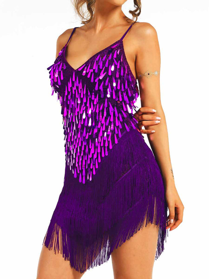 Purple Sequin Tassel Spaghetti Strap Dress