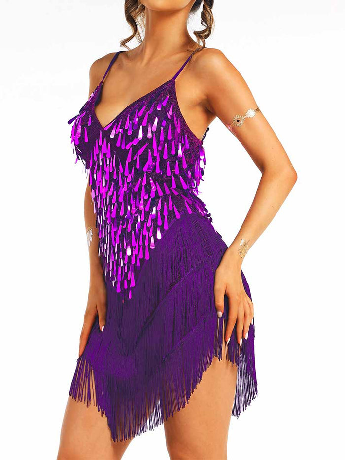 Purple Sequin Tassel Spaghetti Strap Dress